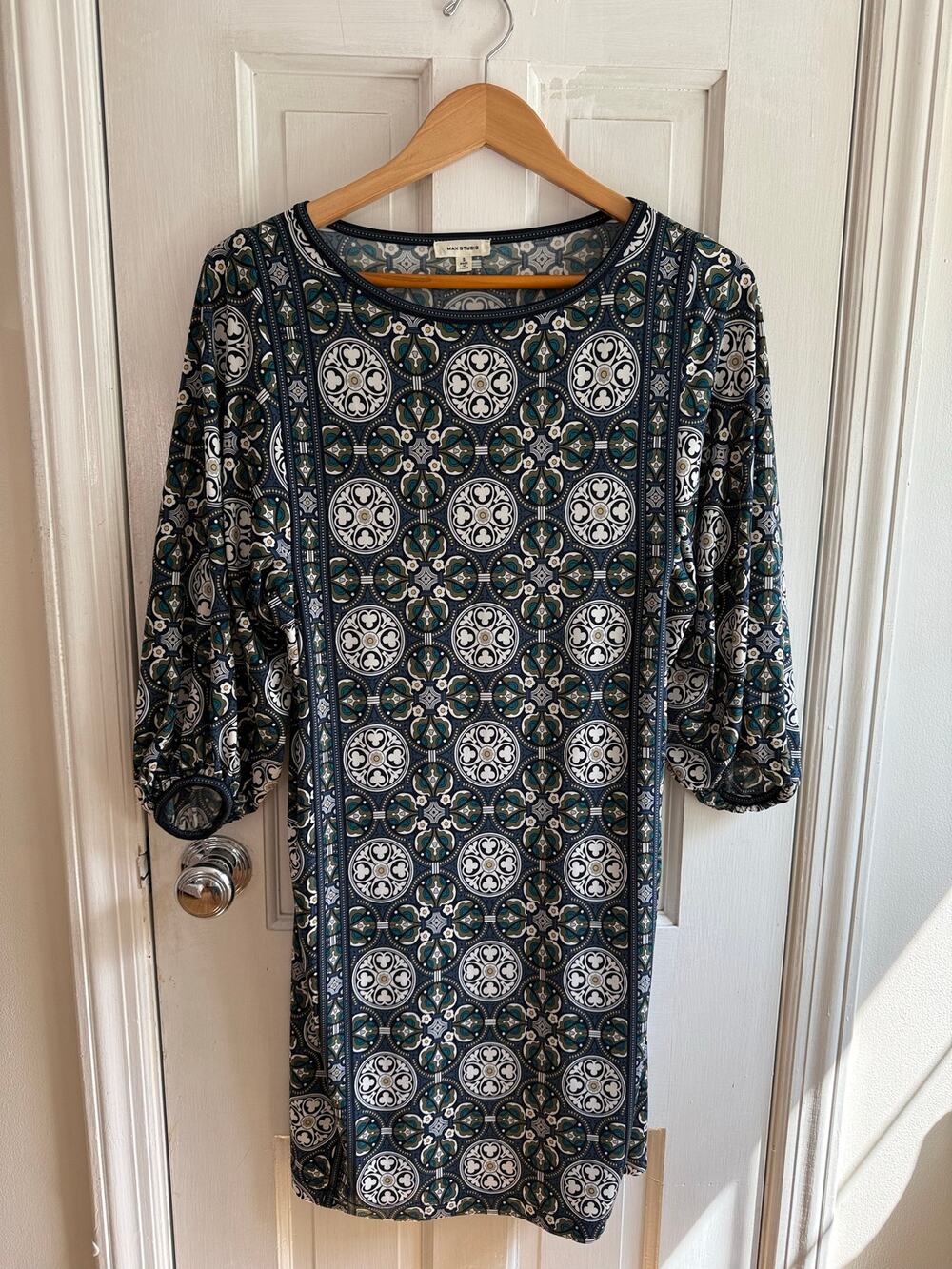 Max Studio Dress Size Large Blue Geometric Pattern 3/4 Sleeve Shift